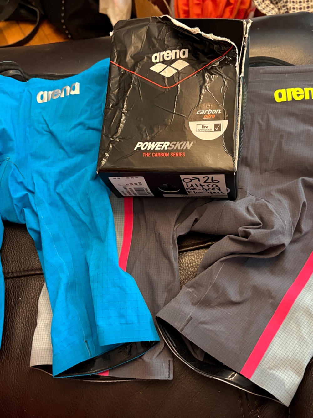Two Arena Men’s? Swim Jammer 1 Bright Blue 28 & 1 Gray 26 With Florescent Yellow